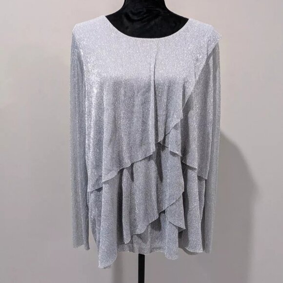 Chico's Travelers Size 3 Large Liquid Shimmer Layered Top Blouse SILVER Stretch - Picture 1 of 6